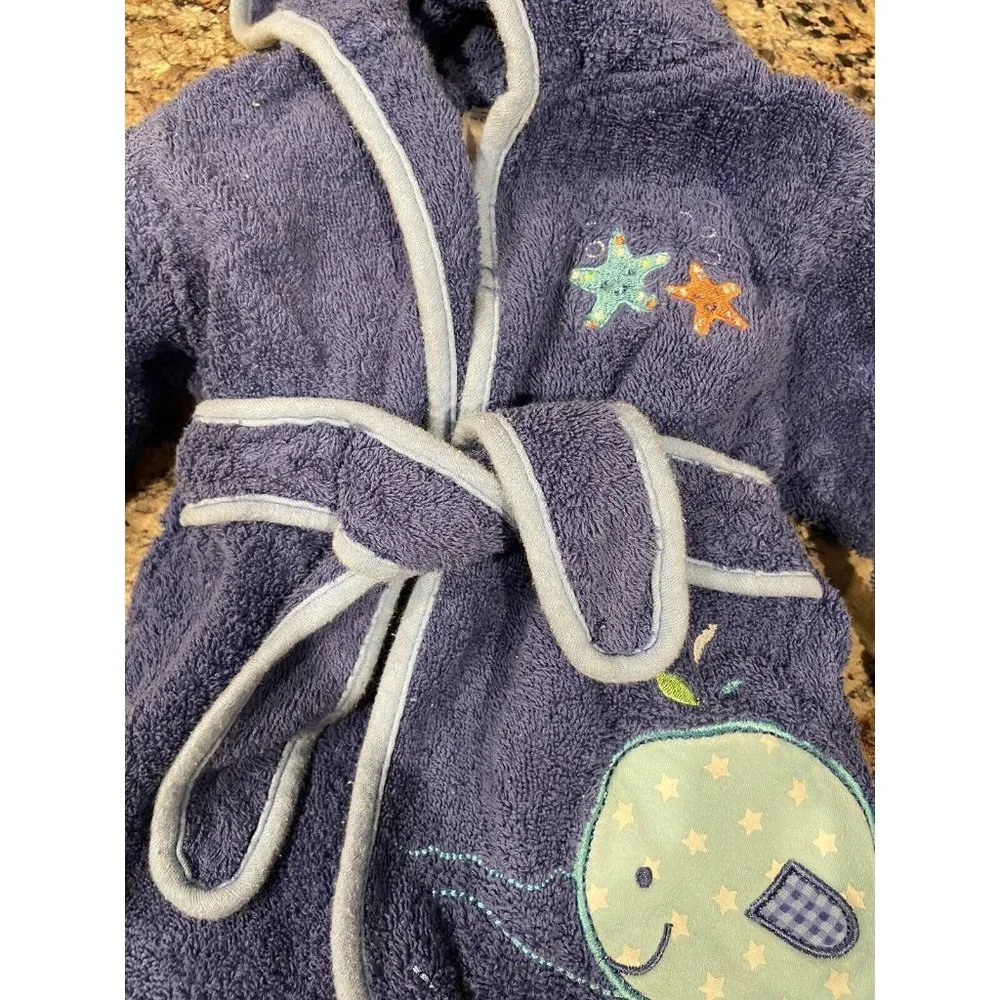 Babies R Us Baby Boys Blue Bath Robe Size 0-9 Months Whale Star Fish Slippers